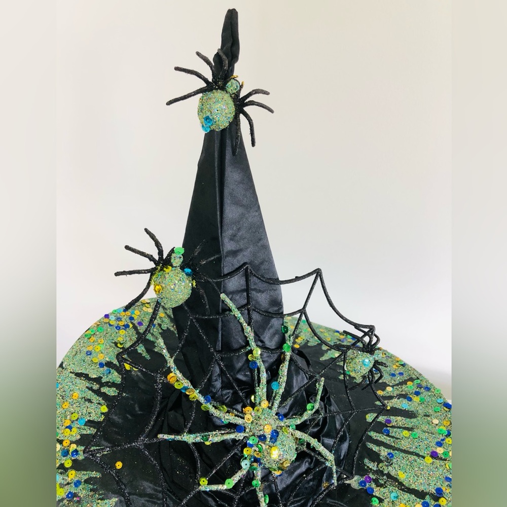 WITCH HAT Black satin green Sparkles crawling with spiders & Lg web 1 Of a kind - Picture 11 of 16